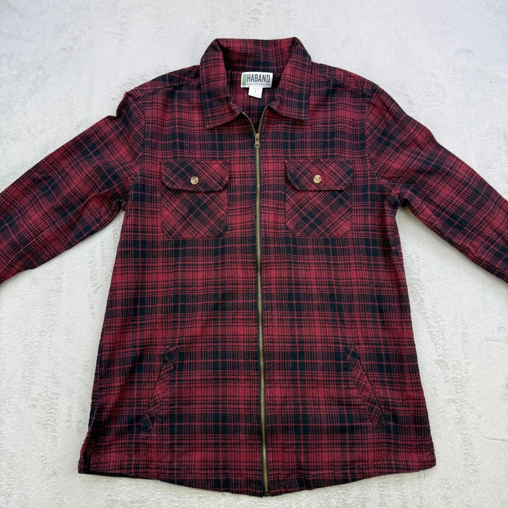 Haband Flannel Shirt Mens Medium Red Black Plaid Full Zip Pocket Workwear Jacket